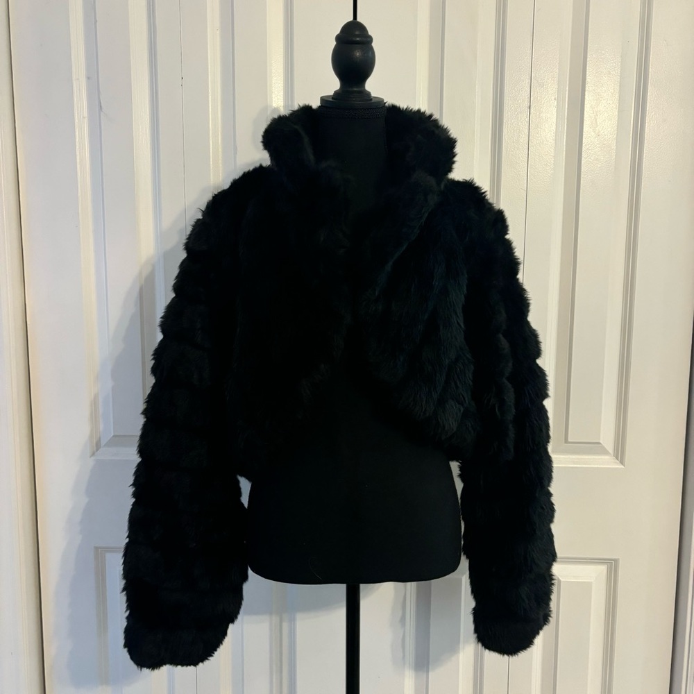 Last Kiss women faux fur cropped collared coat black size 2x plus